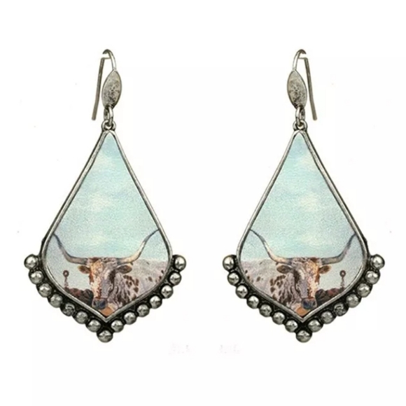 Longhorn Earrings Windmill Western Country Cowgirl Cowboy Cow Vaquera Cattle - Picture 9 of 9